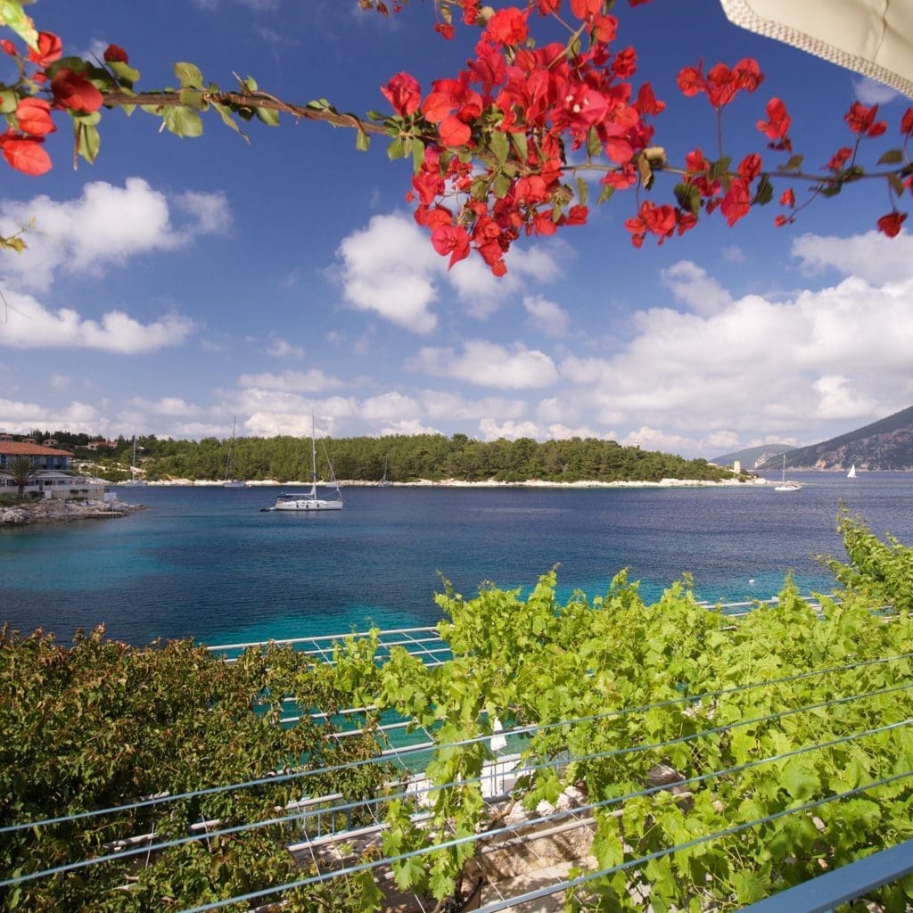 Bougainvillea framing sea view from Porto Fiscardo balcony