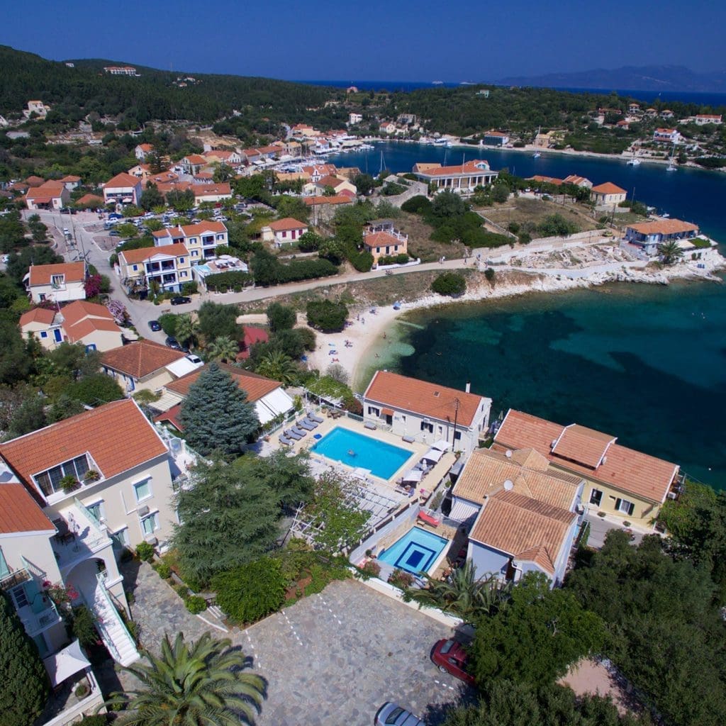 Aerial view of Fiskardo village and harbour in Kefalonia