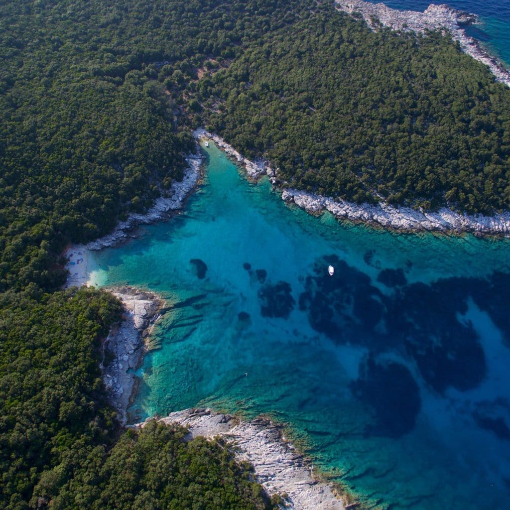 Turquoise cove with pine forest coastline in Kefalonia