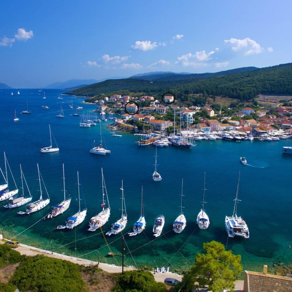 Aerial view of Fiskardo harbour with boats and yachts