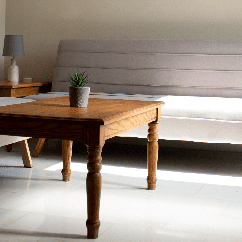 Wooden dining table inside Porto Fiscardo apartment