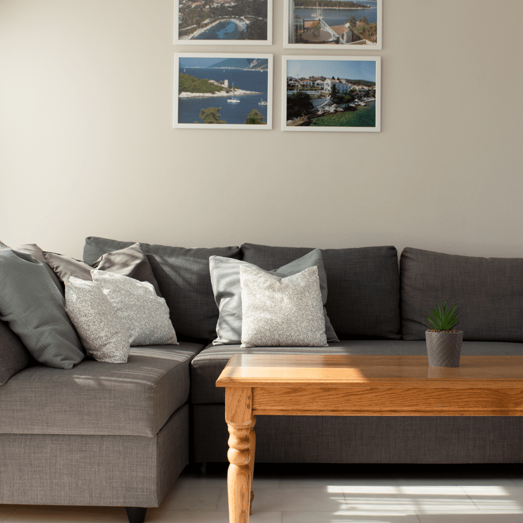 Living room seating area in Porto Fiscardo holiday apartment