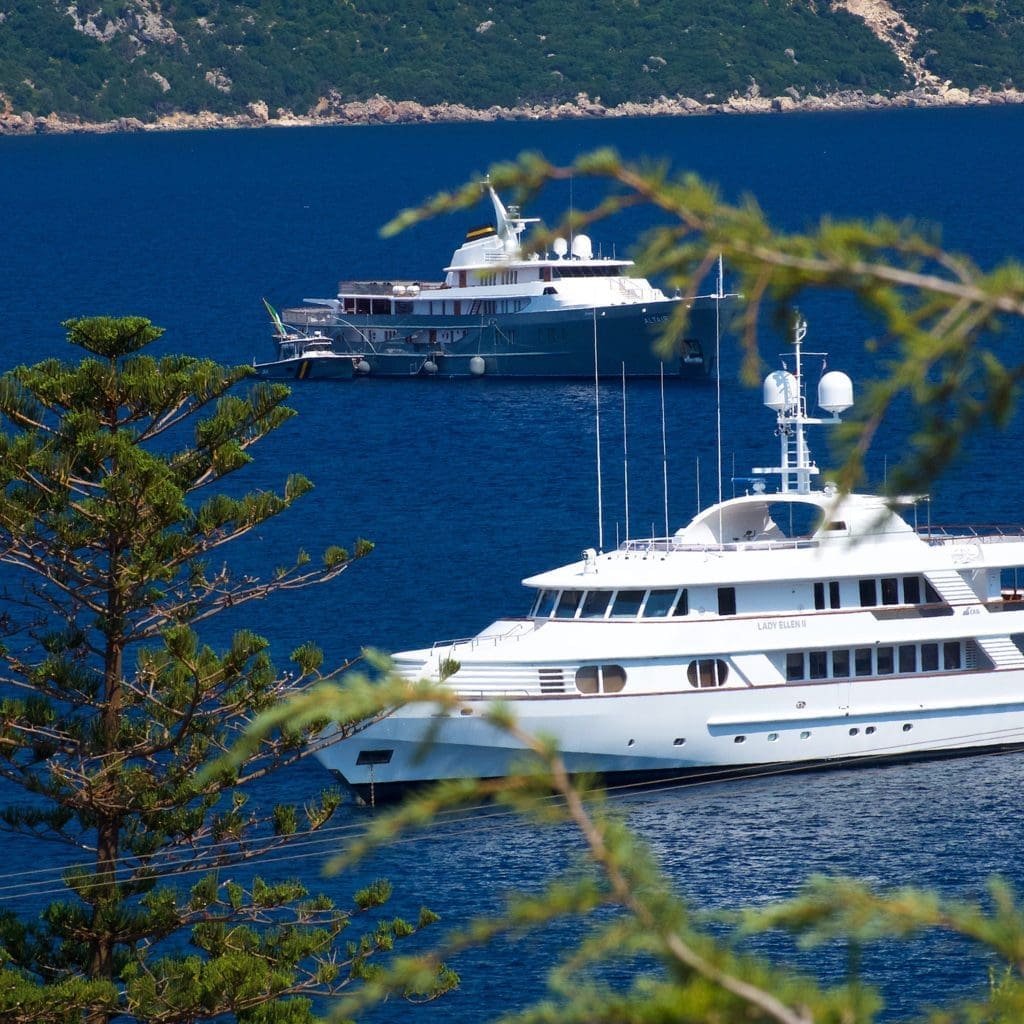 Large luxury yacht anchored off the coast of Fiskardo Kefalonia