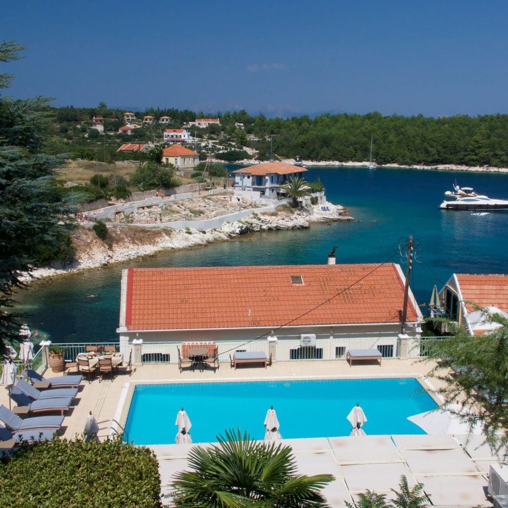 Porto Fiscardo pool terrace with sea views in Fiskardo Kefalonia