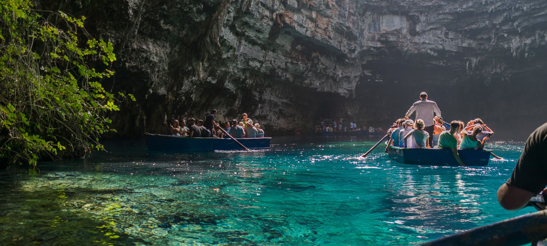 Interior view of Melissani Cave Lake with crystal blue water in Kefalonia